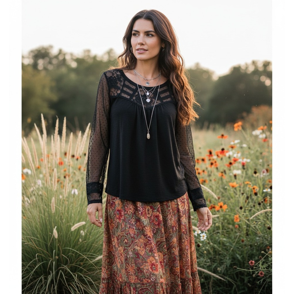 Soho Jeans M Top Black Lace Sheer Boho Edgy Whimsigoth Grunge Witchy‎ Gothic